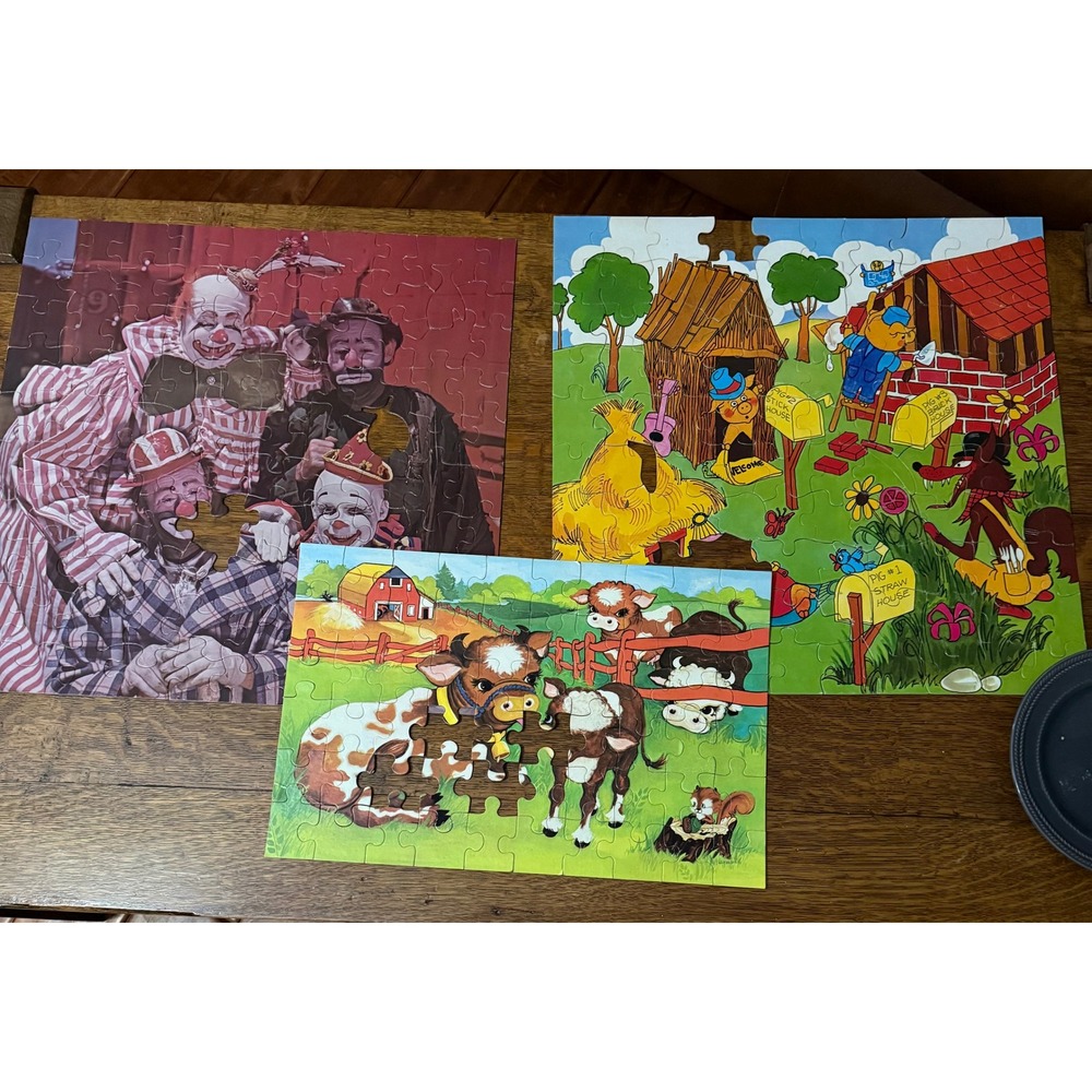 Vintage Jigsaw Puzzles Lot 3 Clowns Farm Three‎ Little Pigs Incomplete